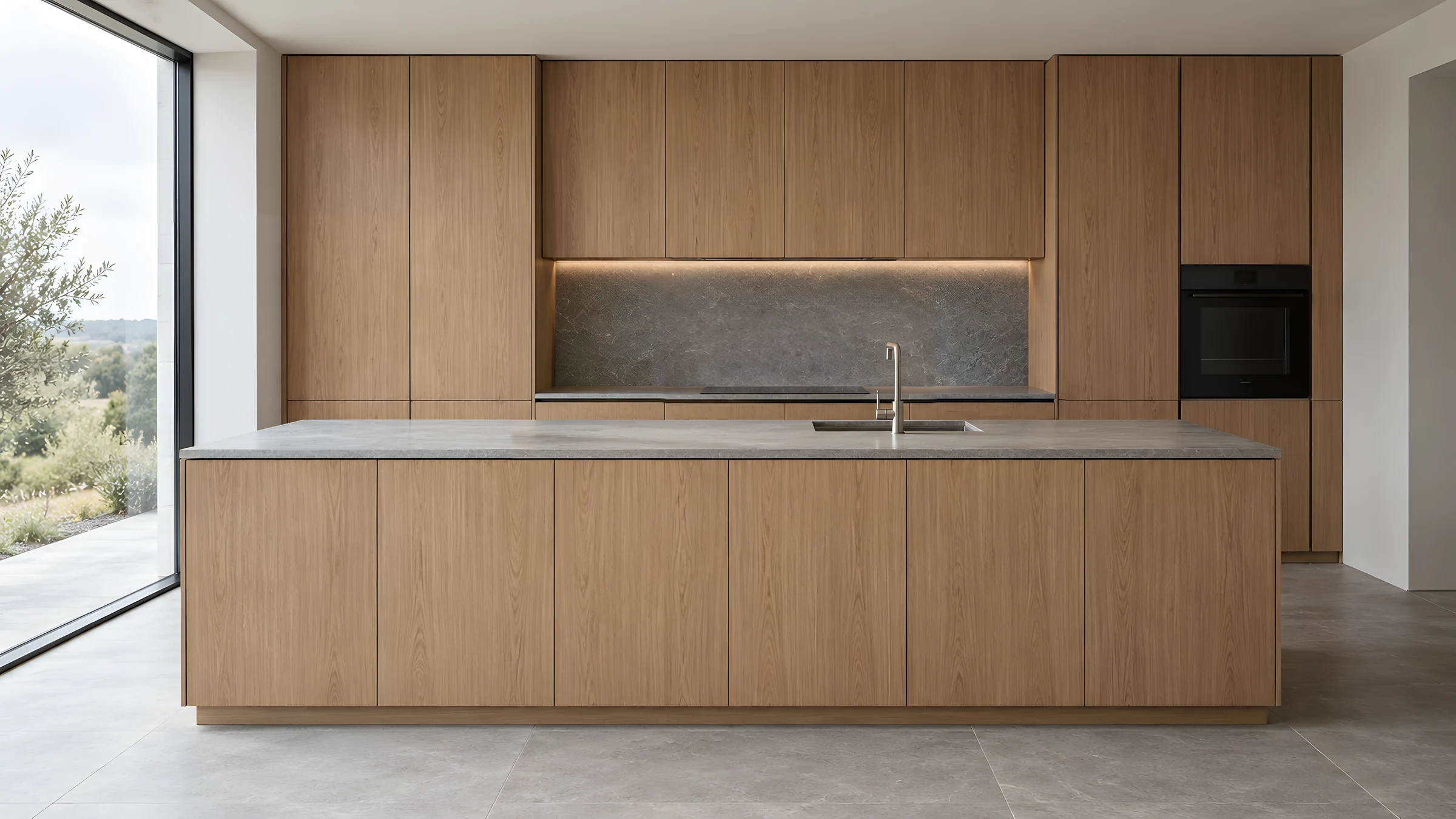 AI design concept of an oak kitchen with full-height handleless cabinetry and a grey stone island in soft daylight