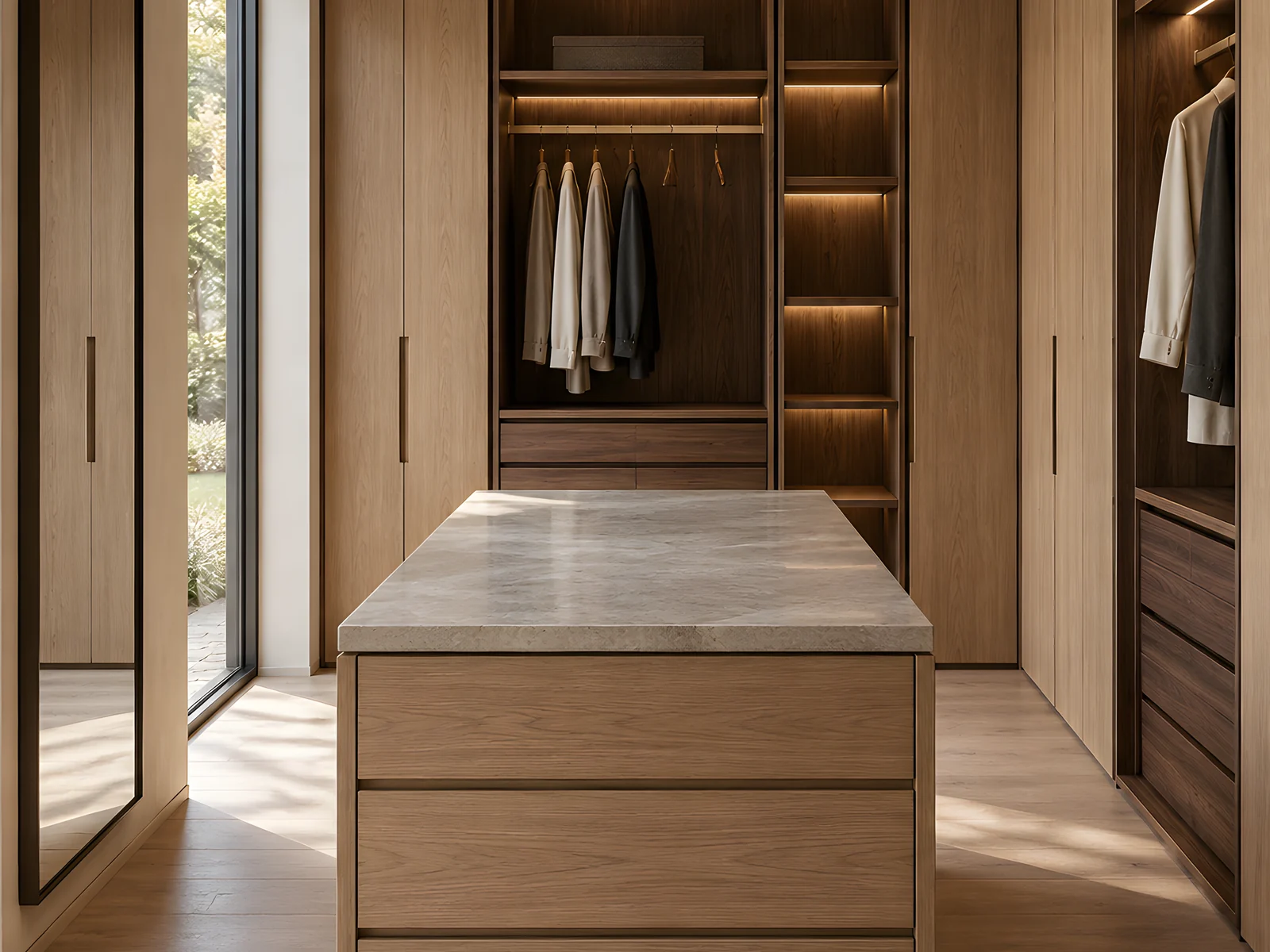 AI design concept of a Natural oak and Walnut dressing room with illuminated shelves, hanging storage and a stone-topped drawer island