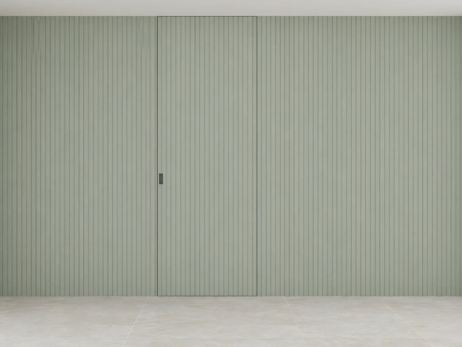 AI design concept of Wall panelling with vertical grooves and a matching full-height flush door, viewed straight on