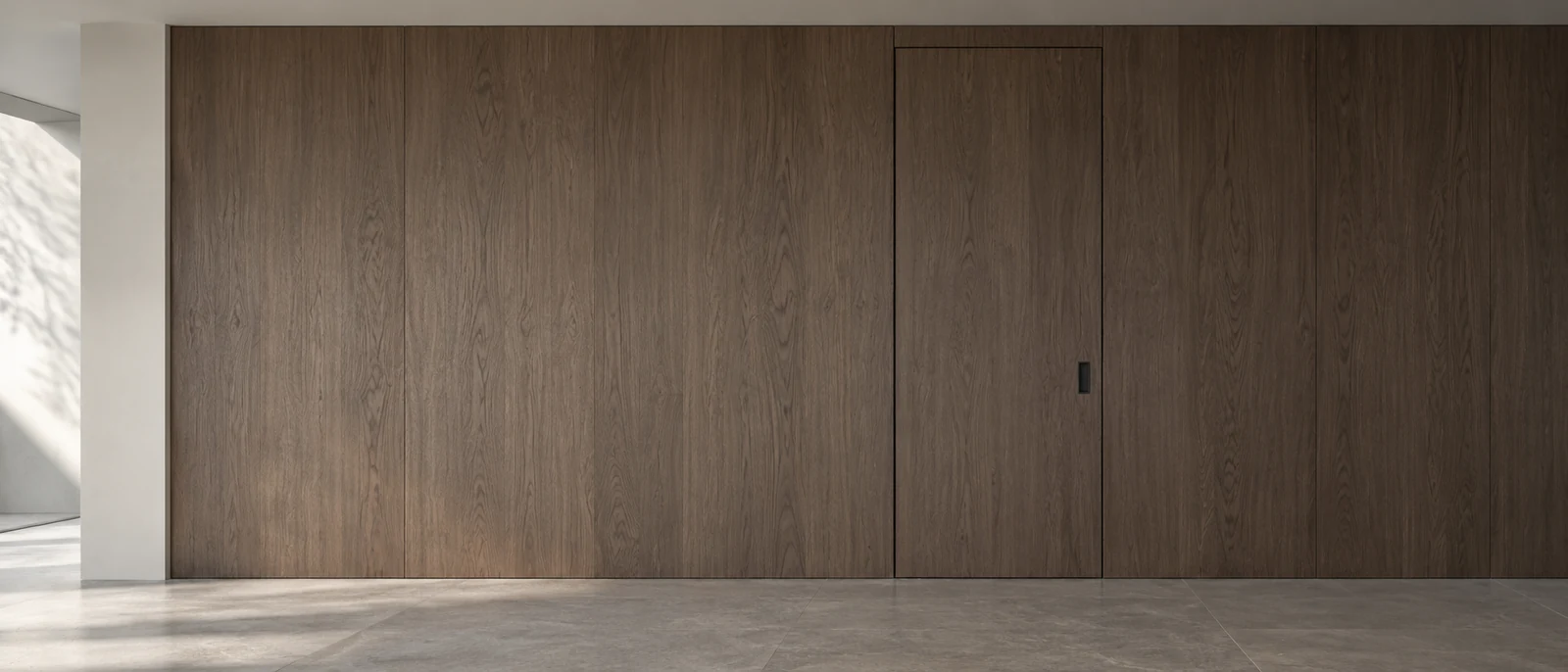 AI design concept of a closed flush door integrated into Walnut wall panels, with a recessed black pull and no projecting frame