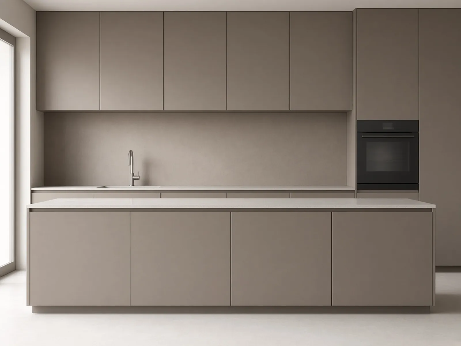 AI design concept of a straight-on matt Mushroom kitchen with flat cabinet fronts