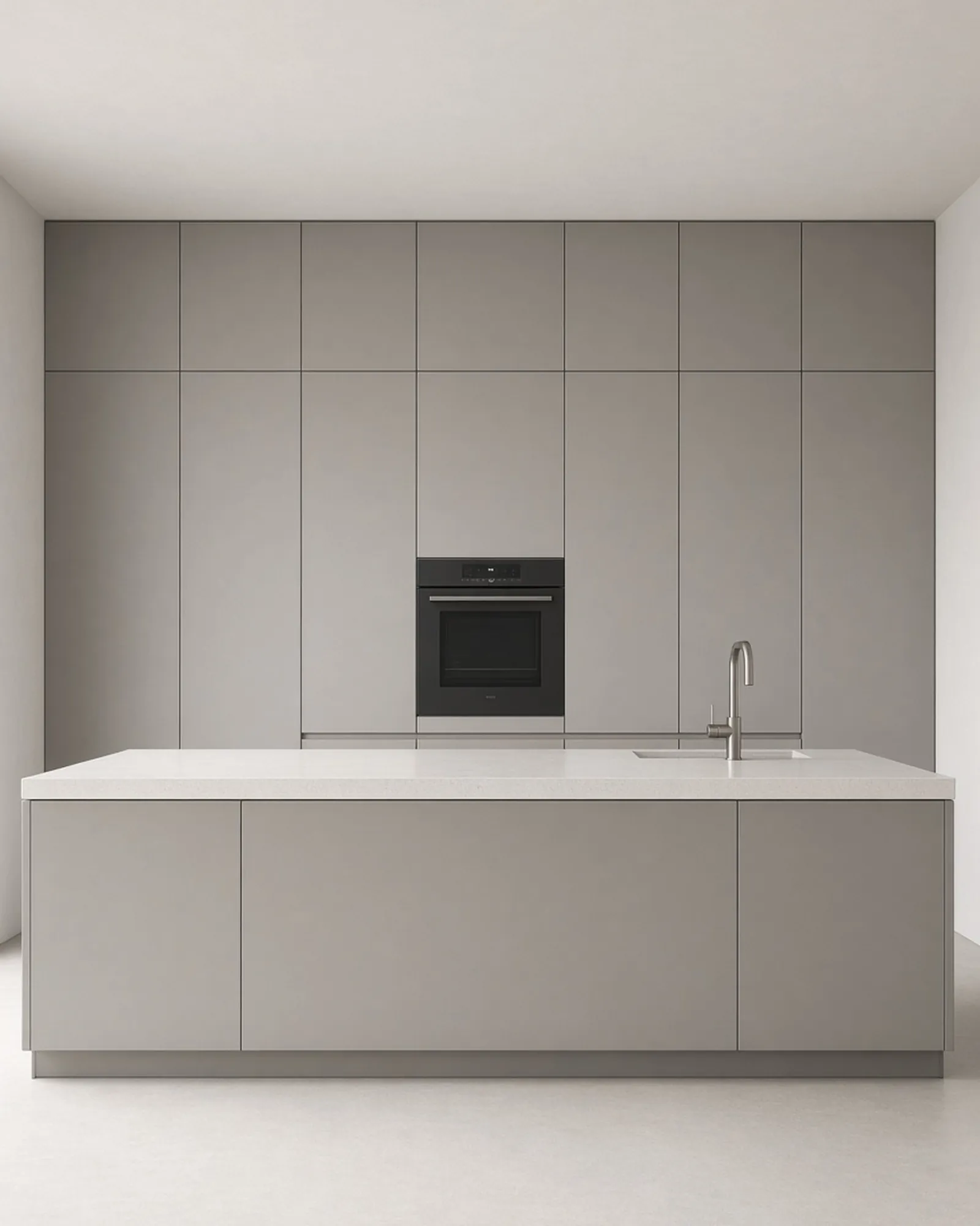 AI design concept of complete matt Stone grey kitchen with a slim stone island, viewed straight on