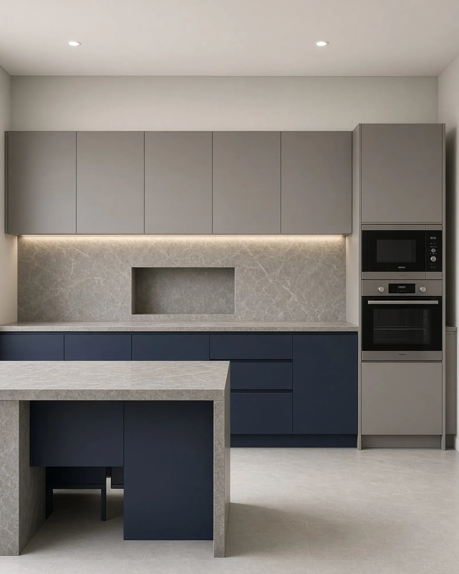 AI design concept of Ink blue and Stone grey kitchen with a waterfall-edge island, viewed straight on