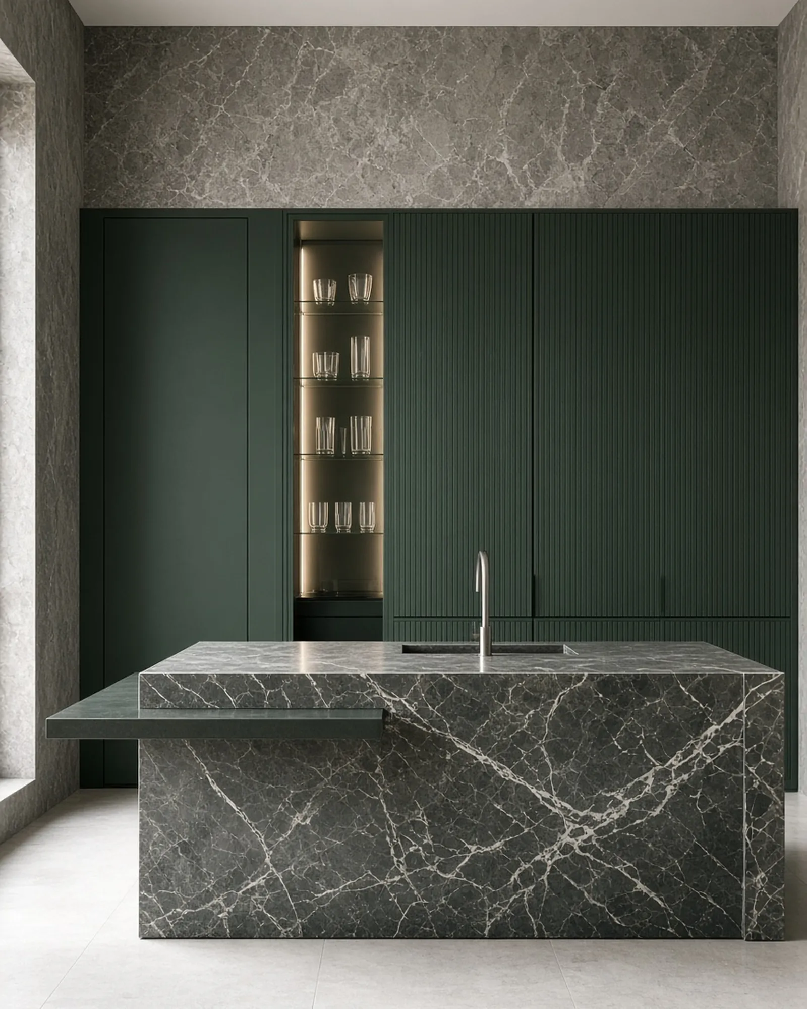 AI design concept of high-ceilinged kitchen in Bottle green with a thick mitred stone island, viewed straight on